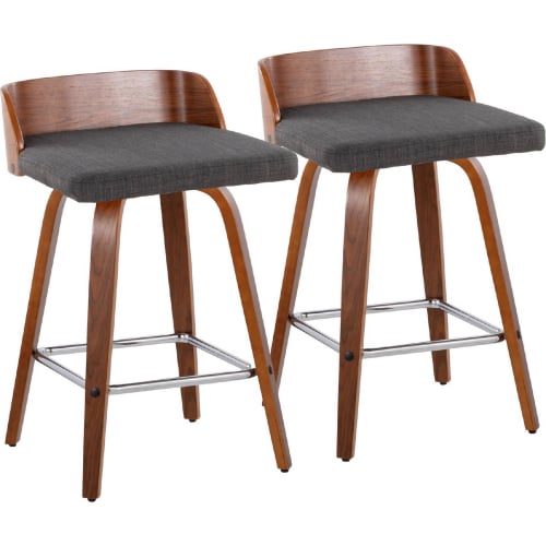 Maya 26" Swivel Counter Stool in Walnut Wood & Charcoal Fabric w/ Chrome Footrest (Set of 2)